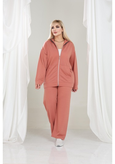 Kadın Büyük Beden Fermuarlı Uzun Kollu Rahat Günlük Eşofman Takım Somon
