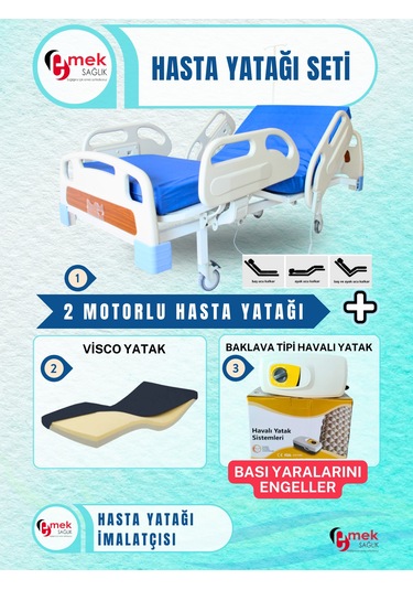2 Motorlu Hasta Karyolası + Visco Yatak + Baklava Tipi Havalı Yatak