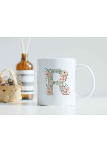 R Harfli Çiçek Desenli Kupa Bardak - Ekose Desenli Yeşil Pembe Desenli Tasarım - Kişiye Özel Hediye Beyaz