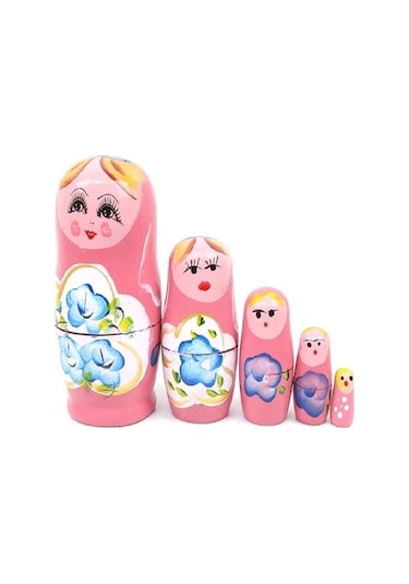 Mobgift 5 Li Matruşka Bebek Ahşap Pembe