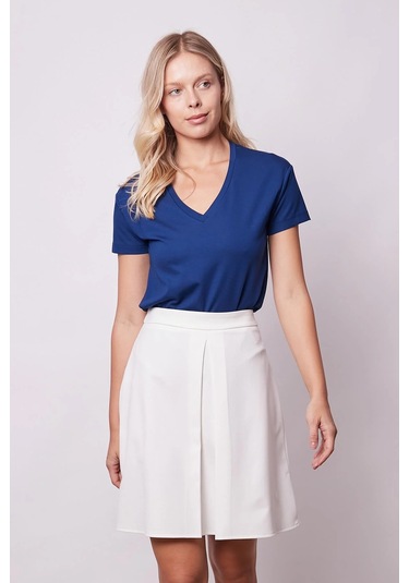 Kadın Yüksek Bel Hafif Likralı Kumaş Pilikaşeli Diz Boy Çan Etek-krem Krem