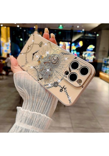 İphone Uyumlu 16 Pro Max Kılıf Kickstand Tpu+pc Rhinestones Dekor Telefon Kılıfı - Beyaz