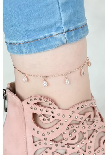 Zarif Kadın İçin Rose Zincirli Damla Taşlı Halhal Standart