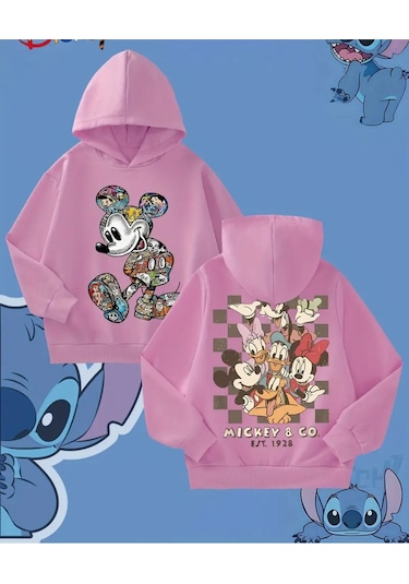 Kışlık Kapüşonlu Mickey & Minnie Mouse Sweatshirt Pembe