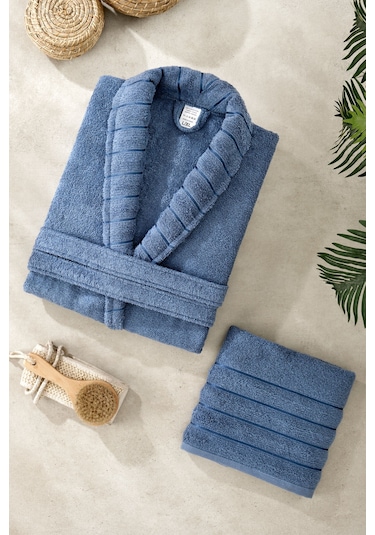 Mira Home Soft Elegance Banyo Tek Kişilik Bornoz Takımı Pamuklu Mavi