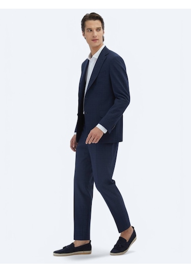 Lacivert Kareli Modern Fit Yün Karışımlı Takım Elbise Lacivert