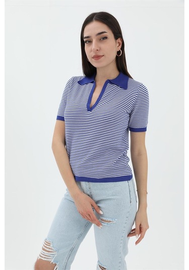 İnce Çizgili Polo Yaka Triko Kazak - Saksmavisi - Kadın