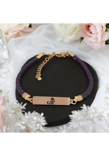 Archin Kedi Temalı Dikdörtgen Motifli Mor Derili 14 Ayar Altın Plakalı Hediye Bileklik-412sembol Kedi Sembolü