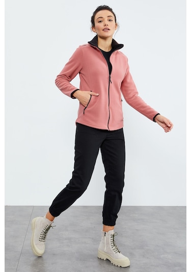 Tommy Life Yaban Gülü Dik Yaka Fermuarlı Rahat Form Kadın Polar Sweatshirt - 97173 Pembe