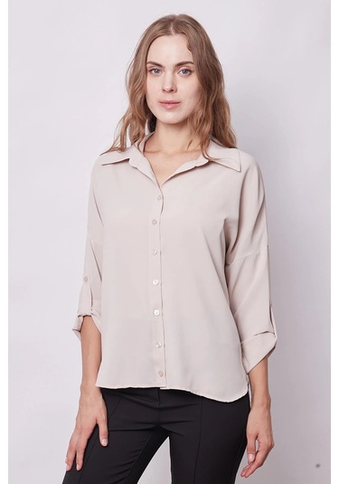 Likrasız Şık Kumaş Yakalı Sırt Dekolteli Uzun Kol Apoletli Gömlek-bej Bej