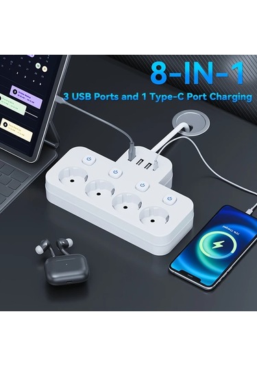 Xuweiwei Beyaz 8i 1 Arada Standart Eu Priz 4 Usb Portu Usb C Portlu Bagimsiz Anahtarlı 15m Uzatma Kablosu Ev Ofis İcin