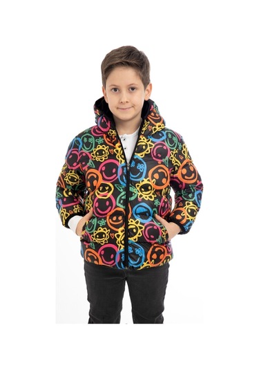 Erkek Çocuk Gülen Emoji İçi Polarlı Kürklü Su Ve Rüzgar Geçirmez Kapüşonlu Cepli Kışlık Şişme Çok Renkli