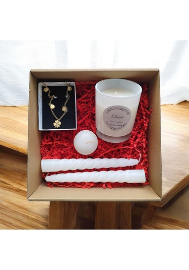 Denic Hediye Seti Kokulu Beyaz Bardak Mum Yonca Kolye Burgulu Mum Yüzen Mum