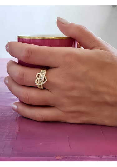 Eva Takı Store Kalp Figürlü Yarım Tur Formlu Ayarlanabilir Gold Renk Çelik Yüzük Gold