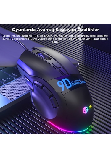 Lecoo MS130 Kablolu 7200DPI 9 Makro Tuşlu RGB Gaming Optik Mouse