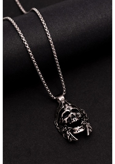 Savaşçı Kuru Kafa Figürlü Erkek Çelik Kolye - Sevgiliye - Eşe - Babaya - Arkadaşa Hediye Kolye