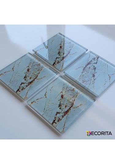 Cam Bardak Altlığı 4'lü Takım Gold Detaylı Beyaz Mermer Görünüm Beyaz