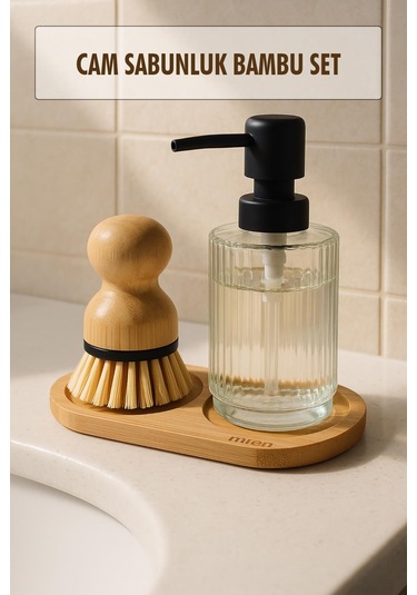 3 Parça Bambu Altlıklı Sabunluk Ve Temizlik Fırça Seti Bambu