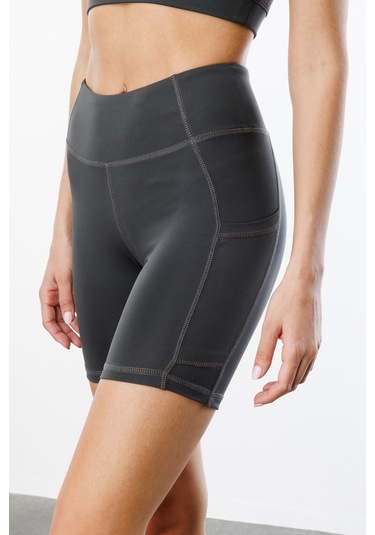 Yüksek Bel Toparlayıcı Çift Cepli Biker Şort Kısa Spor Tayt Kısa-tayt Füme