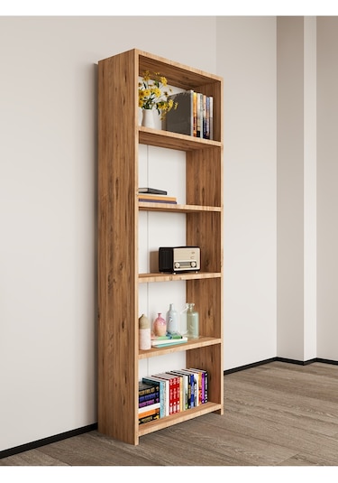Alpa Ev Mobilya 5 Raflı Kitaplık, Modern Çok Amaçlı Ahşap Ofis, Salon Ve Mutfak Raf Dolabı Atlantik Çam