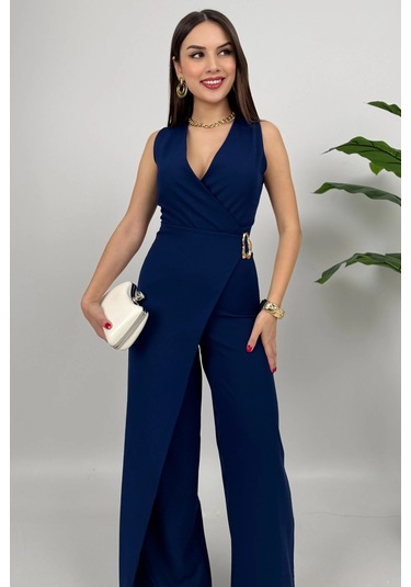 Crimson Icon Kadın Kemer Detaylı Askılı Bol Paça Lacivert Tulum Rahat Şık Yazlık Kombin Lacivert