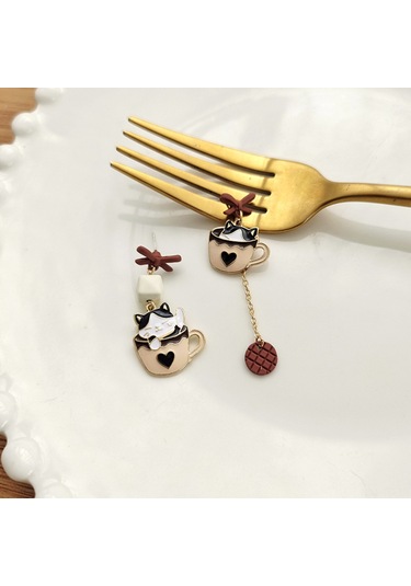 Skycity Asimetrik Kedi Ve Bardak Tasarımlı Şık Küpeler - Benzersiz Tarz İfadesi Diğer Çok Renkli