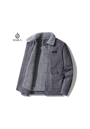 Yeni Erkek Süet Yakalı Peluş Ceket Koyu Gri