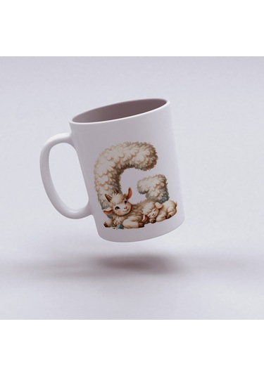 C Harfi Tasarım Bardak, Sevimli Hayvan Temalı Harf Bardağı Beyaz