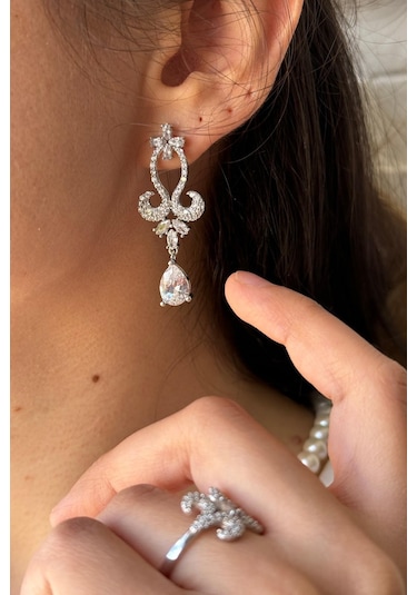 8,5 Mm Koç Başı Zirkon Taşlı İnci Kolye Bileklik Küpe Yüzük Dörtlü Set 10 / Rose Gümüş