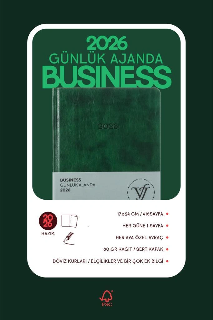 Victoria's Journals Business 2026 Günlük Ajanda 17x24cm Sert Kapak Ivory 80gr. Ayraçlı Yeşil Yeşil