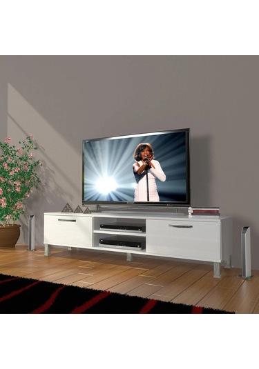 Decoraktiv Eko 140 Mdf Dvd Krom Ayaklı Tv Ünitesi Tv Sehpası - Parlak Beyaz Parlak Beyaz