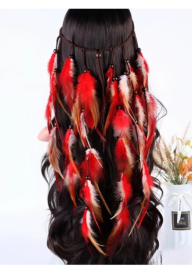 Fashion Jewelry Bohostil Tika Tüyü Saç Aksesuarı 454151998 Kırmızı