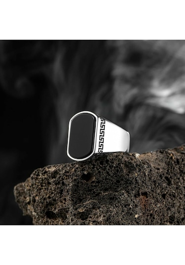 Takılingo  925 Ayar Gümüş Siyah Onıks Taşlı Sade Erkek Yüzük Gümüş