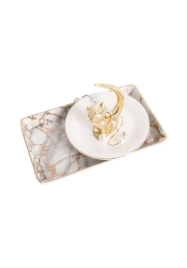 Seramik Depolama Tepsisi Nordic Stil Dikdörtgen Mermer Desen Pratik Dekorasyon Ev Alanı Tasarruflu Mutfak Gıda Takı Depolama Tepsileri Altın Ahşap - Beyaz