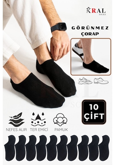 Kral Socks Kadın - Erkek Pamuklu Terletmez 10'lu - 10 Çift Yazlık Görünmez Çorap Siyah