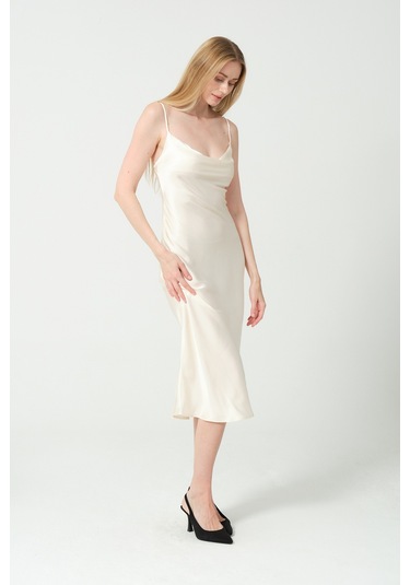 Degaje Döküm Saten Midi Elbise KREm Krem