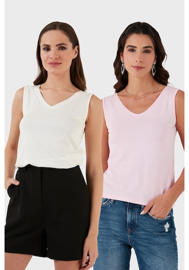 Lela Slim Fit V Yaka Kalın Askılı 2' Li Paket Bayan Bluz 5864384S2 Ekru-Toz Pembe