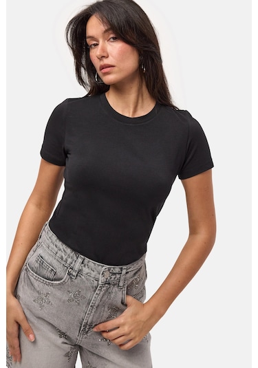 Kadın Siyah S6-1 Bisiklet Yaka %100 Organik Pamuk Esnek Kumaş T-shirt