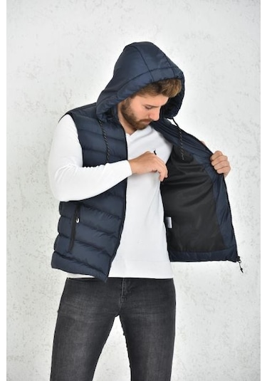 Erkek Laci Çıkarılabilir Fermuarlı Kapüşon Şişme Yelek