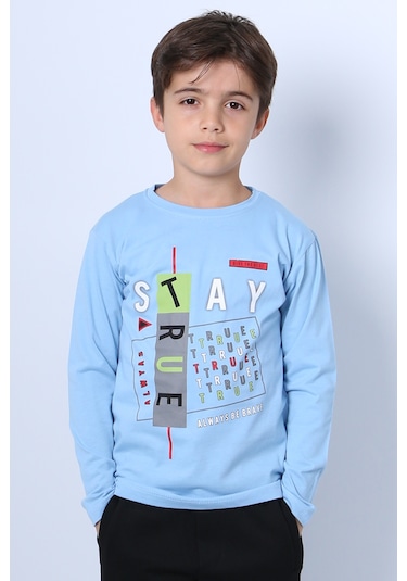Hçm Erkek Çocuk Uzun Kollu Tshirt Stay True Baskılı Bisiklet Yaka E29 Açık Mavi