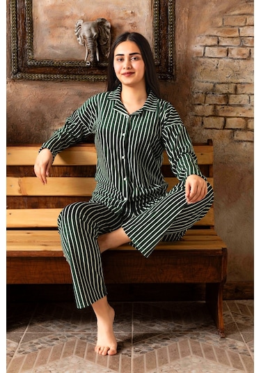 Lukitus Kadife Gömlek Yaka Kadın Pijama Takımı Yeşil