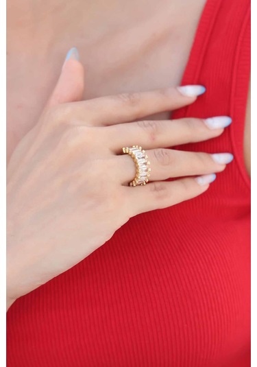 Zirkon Taşlı Baget Gold Renk Kadın Yüzük Altın