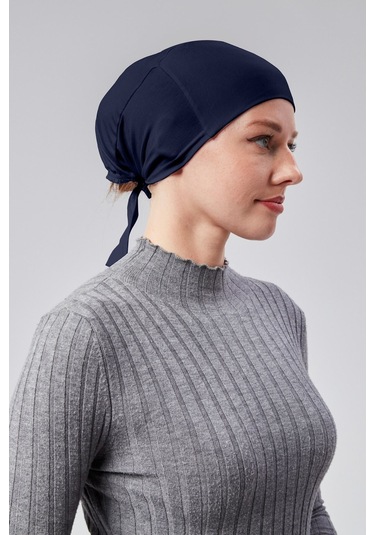 Kadın Tesettür Likralı Penye Dikişsiz Kaymaz Düz Bağlamalı Bone Lacivert