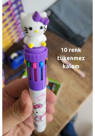 Hediyelik Mor Hello Kity Kalem, 10 Renk Tükenmez Kalem, Tatlı Tatlış İlkokul Ortaokul Çocuk Hediye