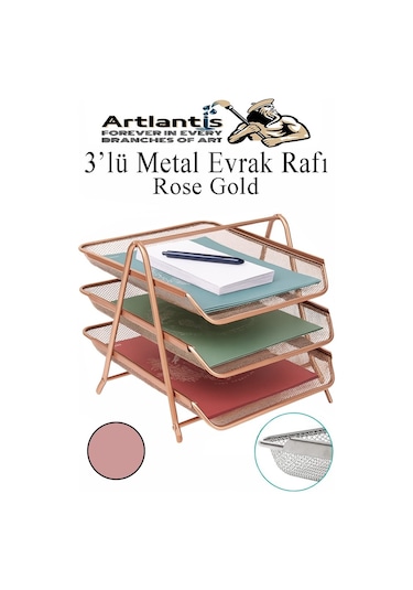 Metal Evrak Rafı 3 Lü 1 Paket Masa Üstü A4 Dosya Düzenleyici Kağıt Tepsisi Metal Fileli Üç Katlı Hareketli Perfore Bakır