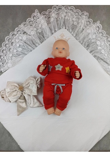 Yenidoğan Saray Kadife Taç Nakışlı İnci Fiyonklu Çift Dantel Duvak Trilüks Kundak Bebek Battaniyesi Vizon-ekru Çok Renkli