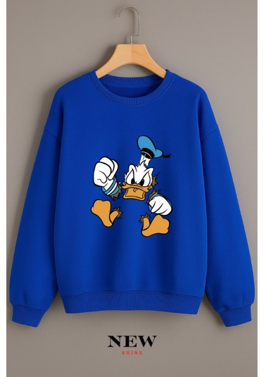 Ördek Baskılı Bisiklet Yaka Sweatshirt Saks Mavisi