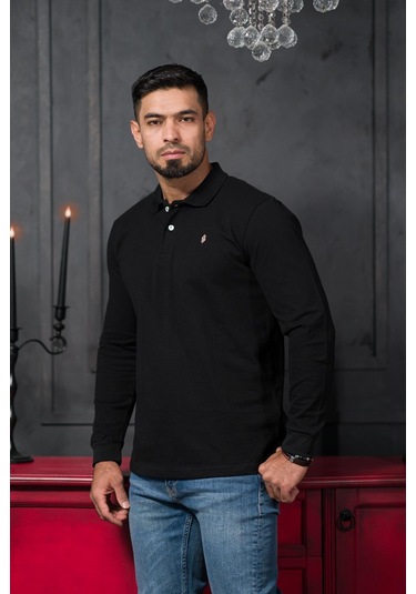 San&fa Regular Fit Polo Yaka Uzun Kol Pamuklu Baharlık Sweatshirt Siyah