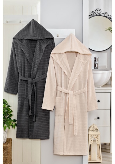2 Li Kapşonlu Unisex Banyo Bornozu Seti %100 Soft Pamuklu Antasit-bej