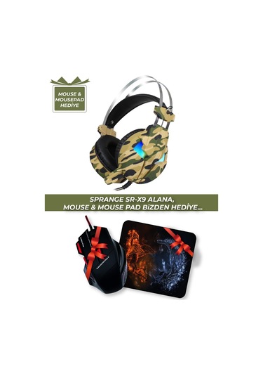 Sr-x9 108 Db/mw Mikrofonlu Kamuflaj Desenli Oyuncu Kulaklık Mouse & Mousepad li